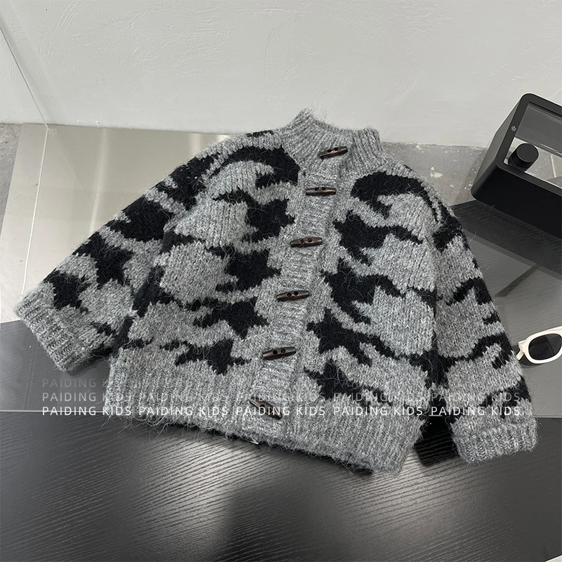 秋冬装儿童韩版复古撞色千鸟格提花保暖针织毛衣开衫SJ6715-DD1