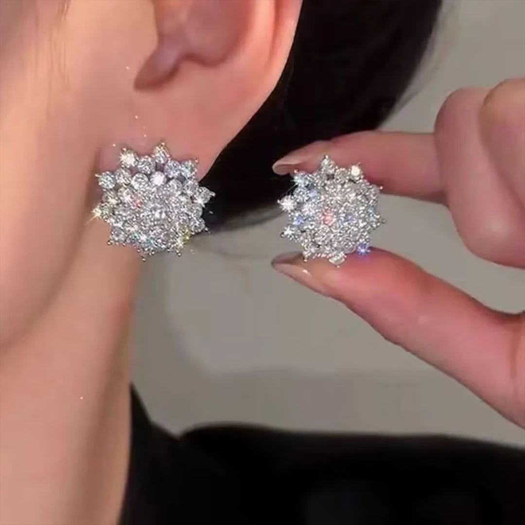 铜合金合成锆石耳饰 925银针 优雅爆闪多层手捧花自动弹扣耳钉