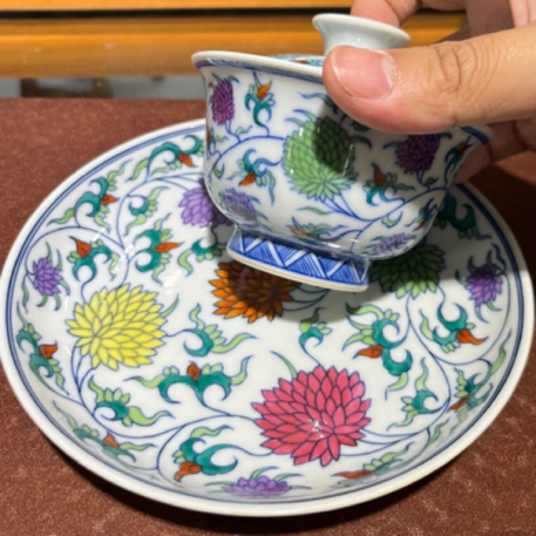 熙工坊 手绘二才盖碗+壶承 青花斗彩团菊纹 全手工 景德镇陶瓷