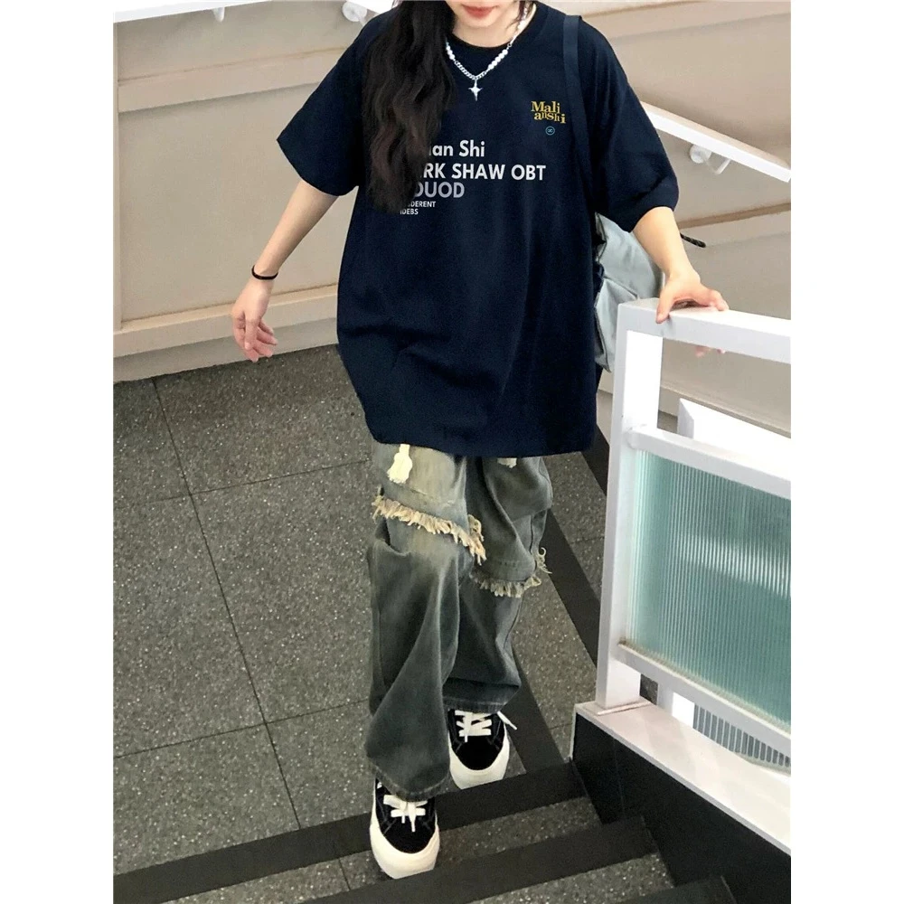 国潮嘻哈字母情侣100%纯棉短袖2025夏季新款流行宽松显瘦t恤