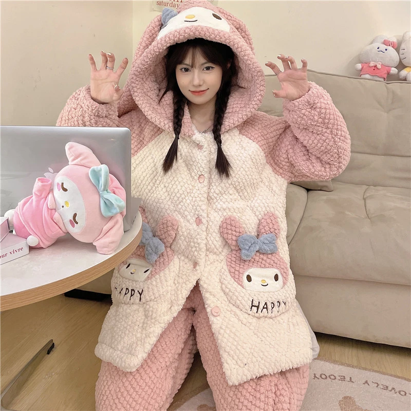 新款秋冬季卡通三层夹棉连帽家居服套装