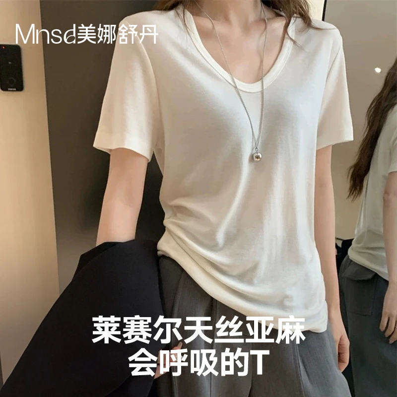 美娜舒丹莱赛尔天丝亚麻女透气轻盈桃领设计无感穿着凉感T恤