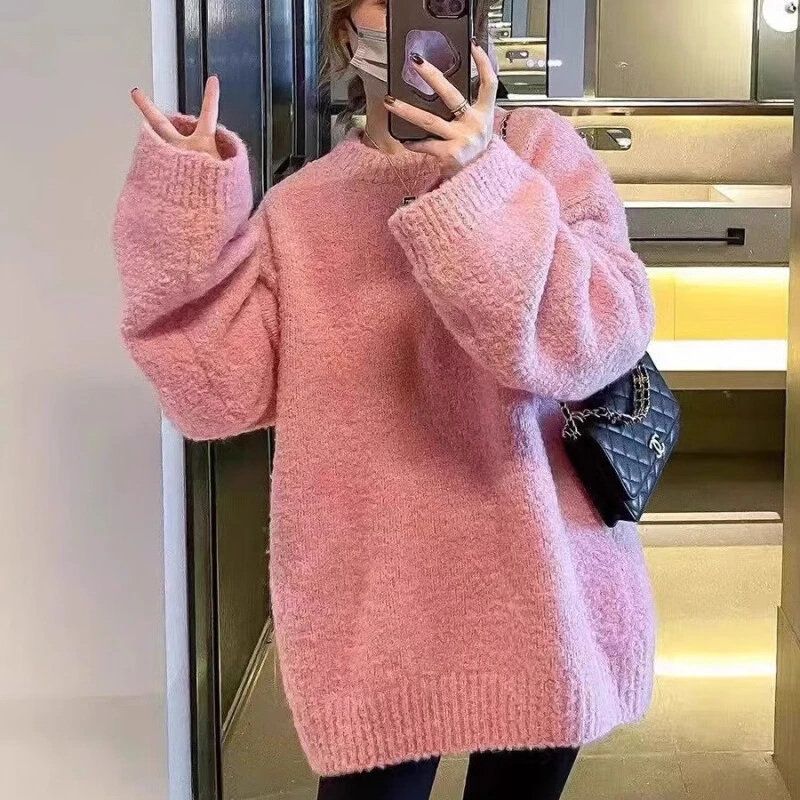 大码胖MM圆领毛衣女春秋软糯慵懒风宽松显瘦遮肚中长款针织衫上衣