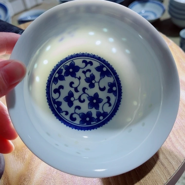青花玲珑5寸饭碗紫荆花无花