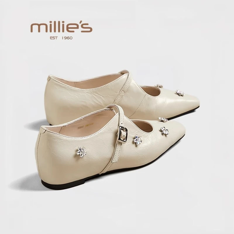 妙丽法式气质小方头水钻花朵平底玛丽珍鞋真皮一字带浅口黑色单鞋