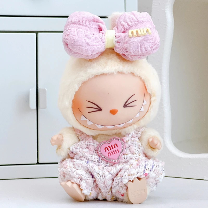 拉布布娃衣一二代坐坐派对搪胶公仔马卡龙背带裤帽子套装labubu