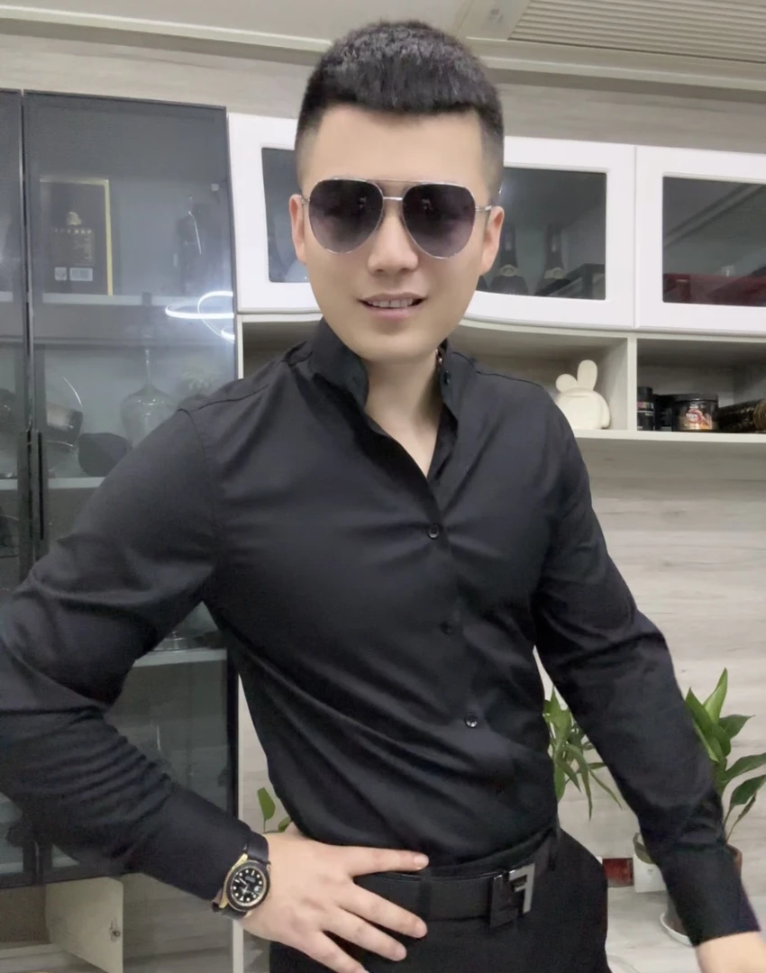 CS702 新中式小立领衬衫男士纯色中国风秋季长袖高端衬衣