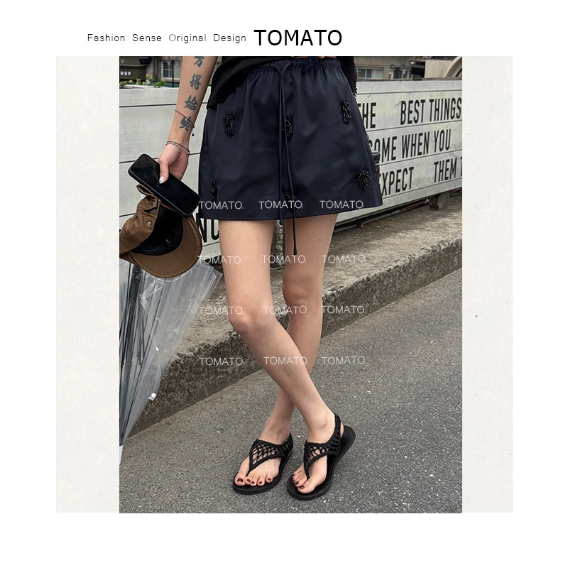 【TomaTo】名町 夏季小众设计师miu系手工钉珠重工短裙裤C25K060105