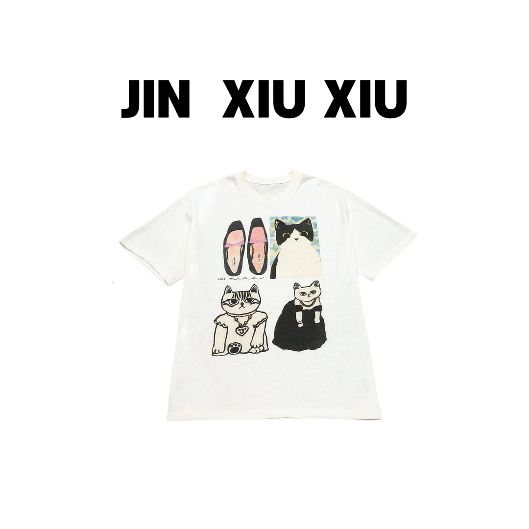JINXIUXIU夏季新款趣味四宫格小猫印花韩系甜美短袖334