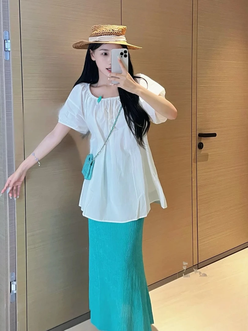 韩系甜美白色宽松休闲短袖衬衫女夏季肌理感松紧腰垂感鱼尾裙套装