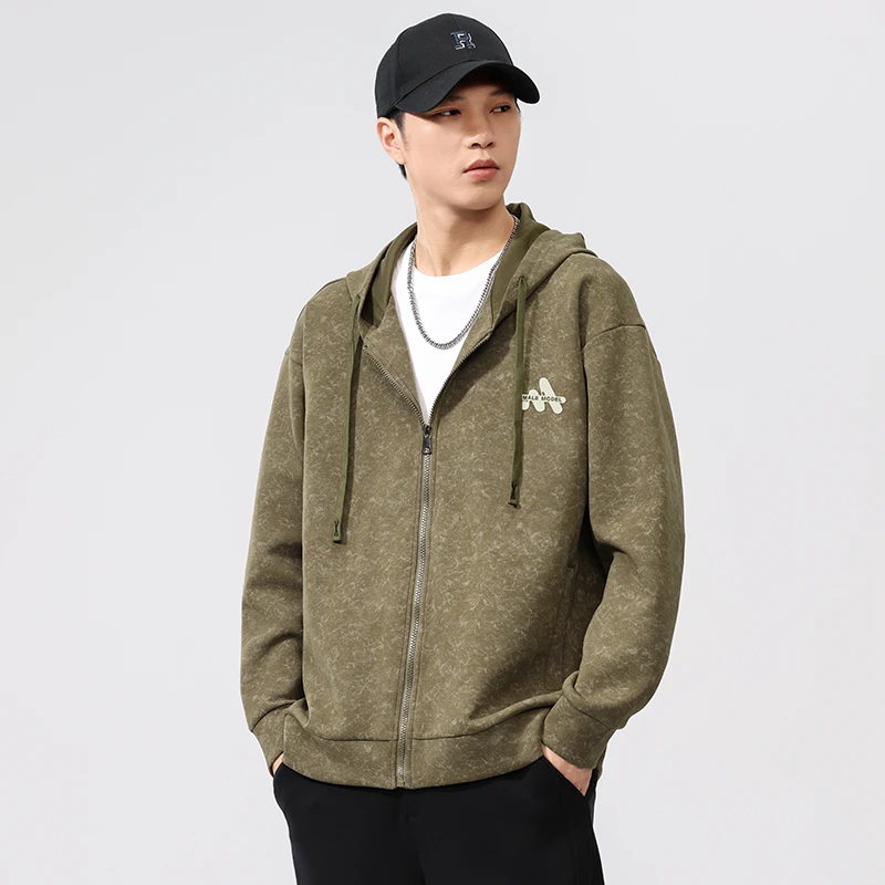 春季液氨棉连帽开衫卫衣男垂感厚板印花简约时尚宽松百搭大码外套