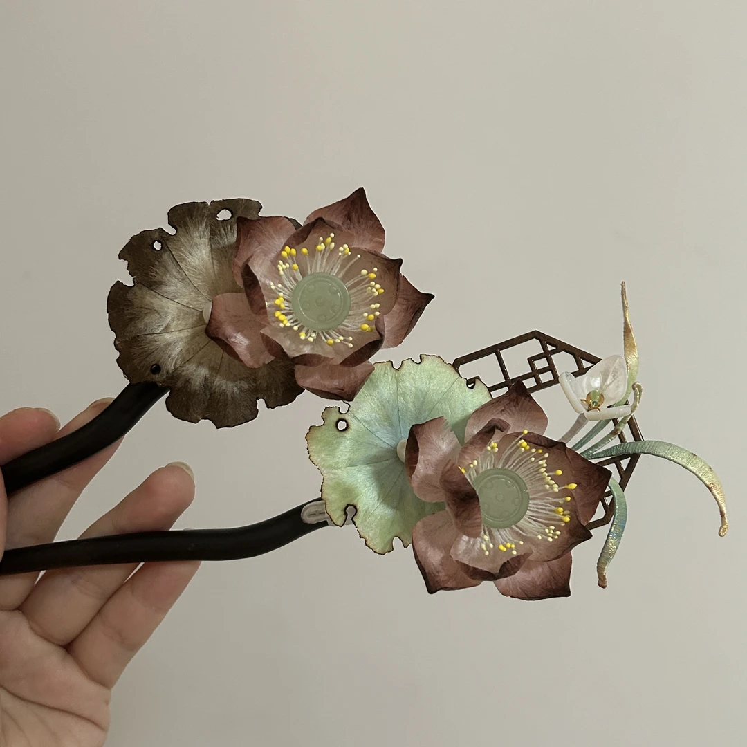 【橘月十三】绒花荷花黑檀木古风发簪