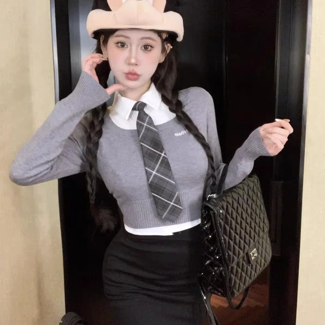 韩系学院风JK制服套装女辣妹灰色长袖毛衣黑色包臀裙白衬衫三件套
