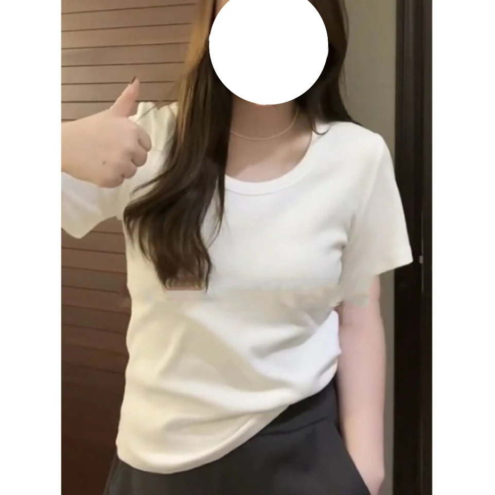 【现货】短袖t恤女2025新款白色正肩体恤打底衫显瘦遮肉上衣-6130