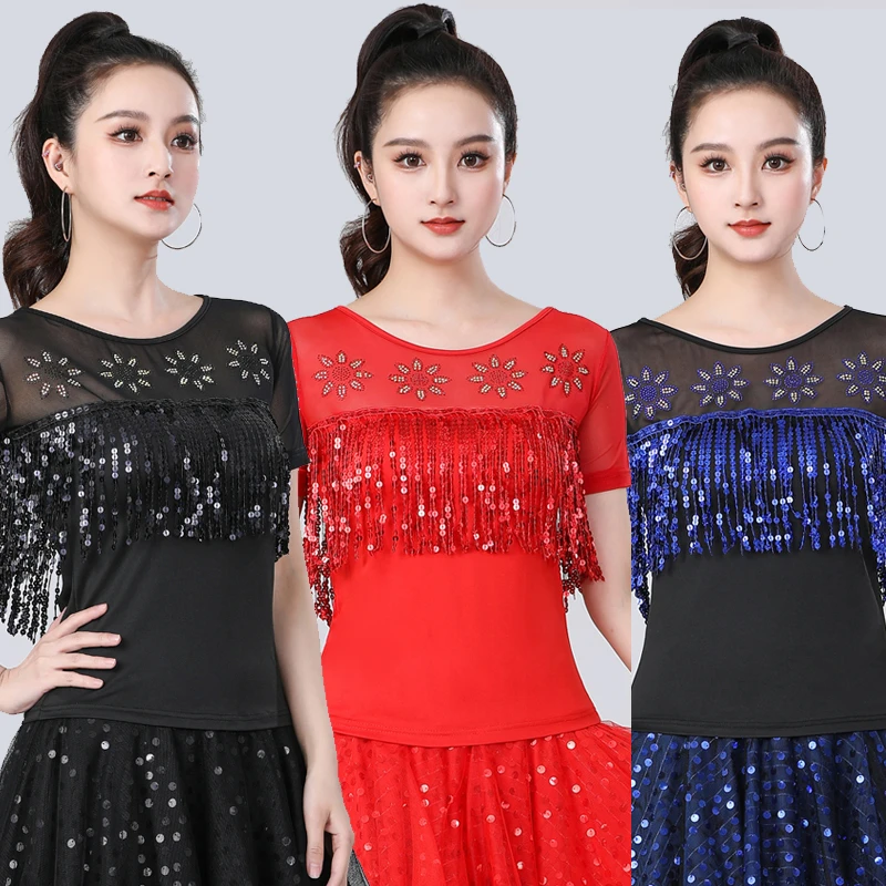 拉丁舞服装成人女短袖烫钻上衣广场舞服装新款夏跳舞演出服三步踩