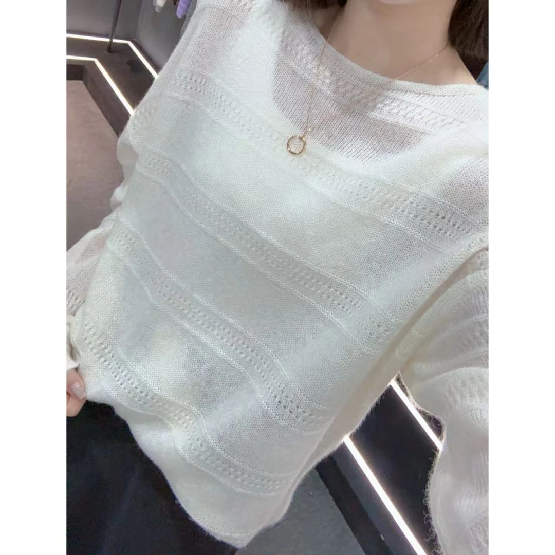 镂空早秋针织衫毛衣长袖纯色慵懒新款钩花宽松显瘦百搭打底上衣新