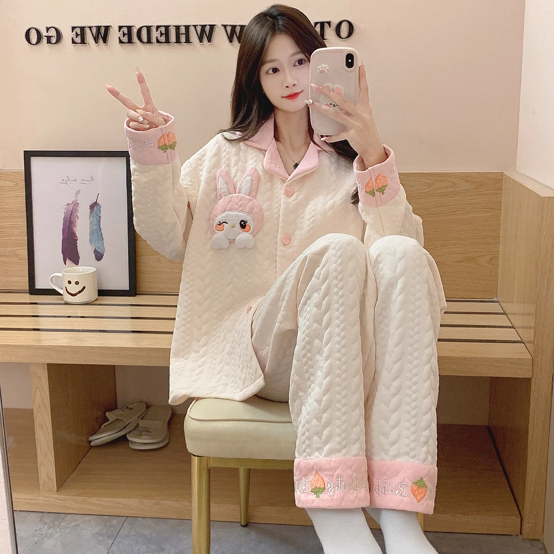 卡通睡衣女秋冬长袖长裤空气棉夹层冬季加厚爆款家居服套装可外穿