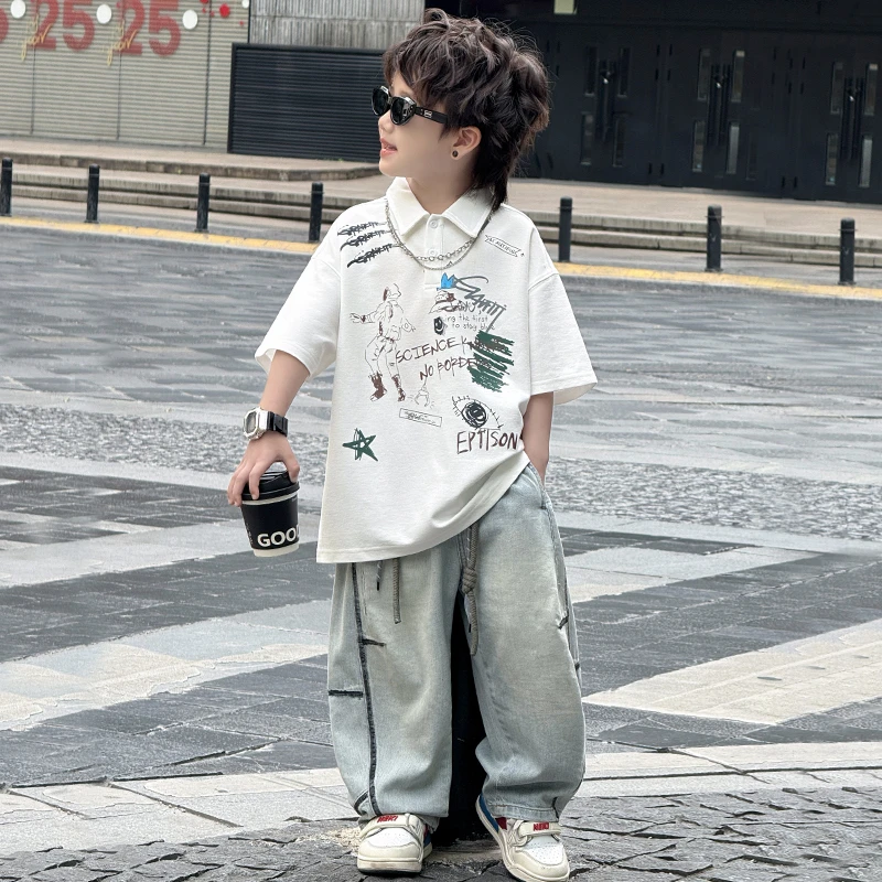 中班仔童装男童夏季套装短袖POLO衫薄款牛仔长裤两件套*ZH2534