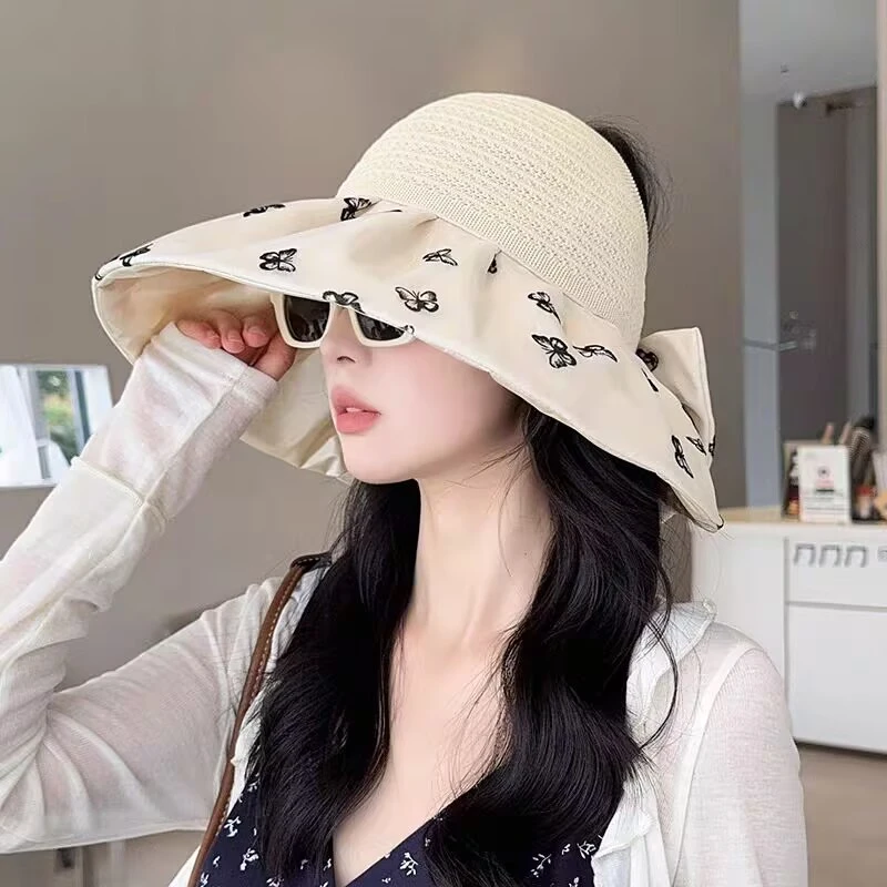 蝴蝶印花防晒帽女夏季遮阳蝴蝶结大檐渔夫帽可扎马尾空顶太阳帽子