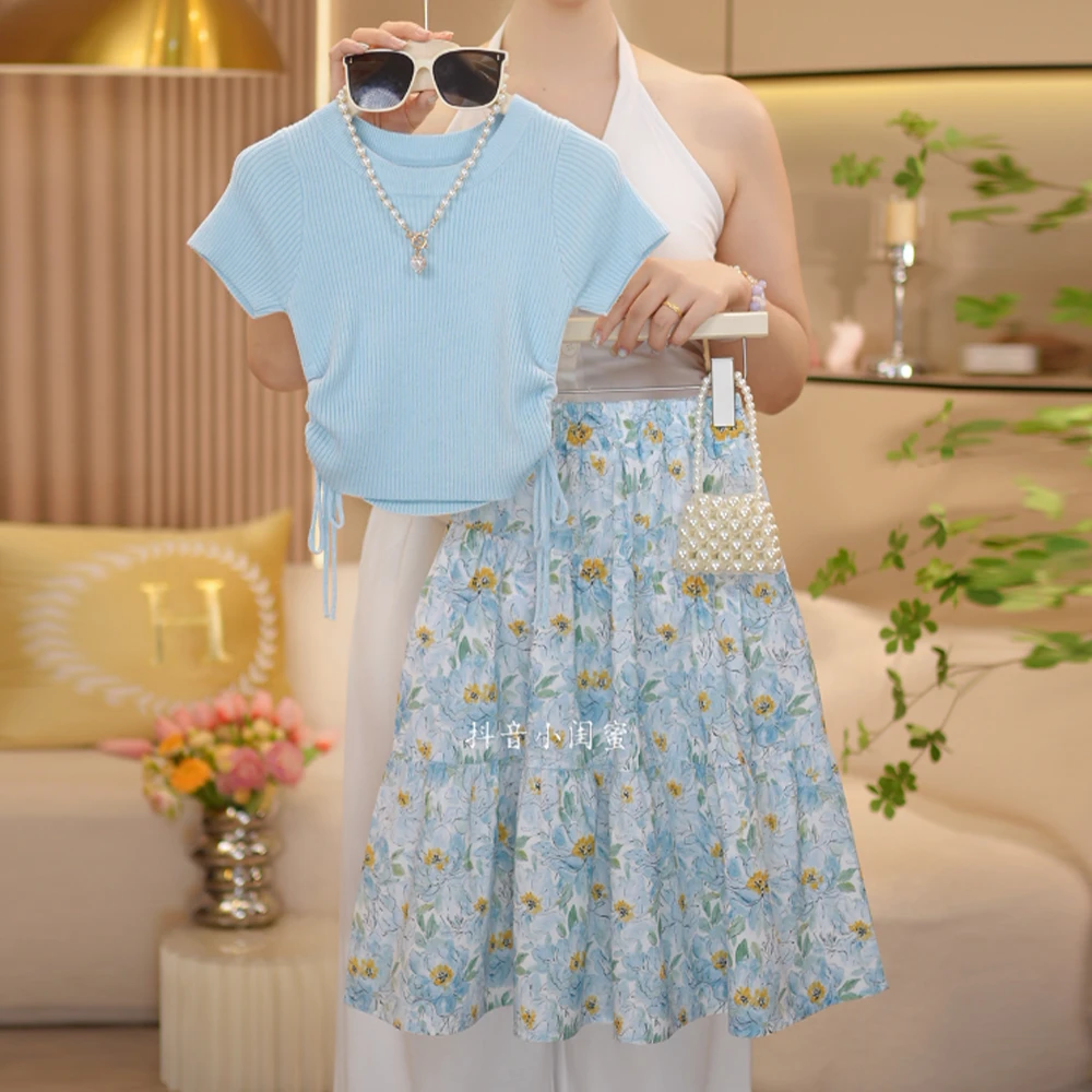 女童2025夏季新款时尚针织短袖T恤碎花公主长裙套装-8527