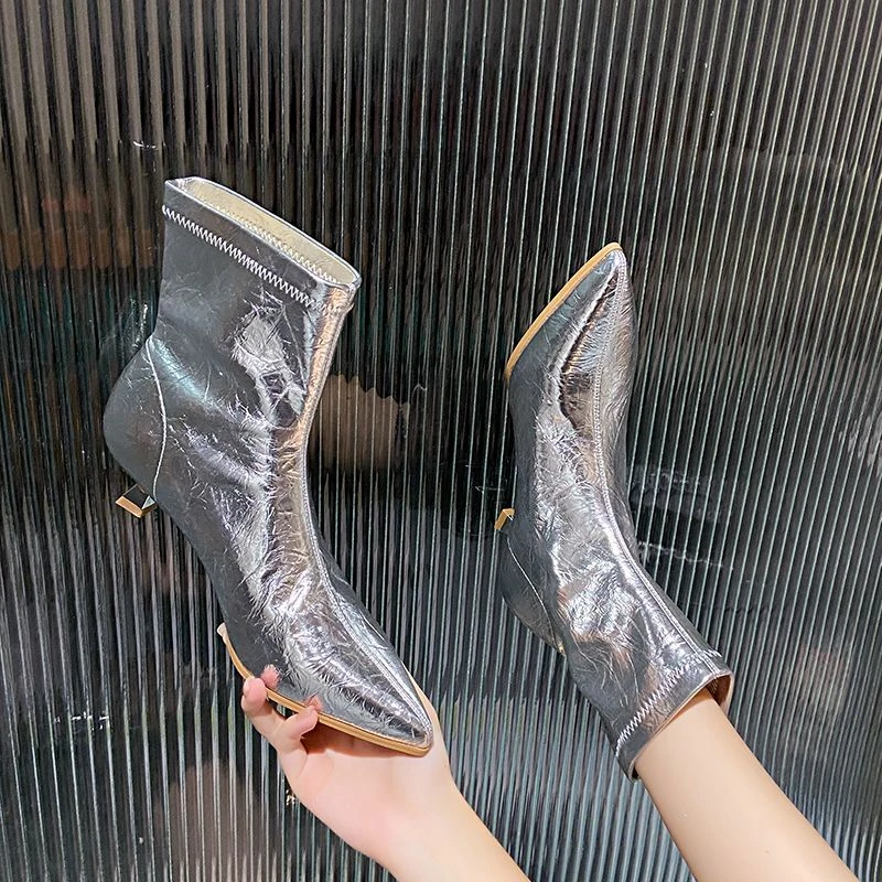 4.5cm小高跟鞋 2024秋冬新款时尚后拉链尖头细跟短靴洋气瘦瘦靴潮