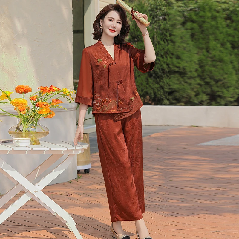 时尚中年妈妈夏装中袖新中式套装中老年女装夏季阔腿裤洋气两件套