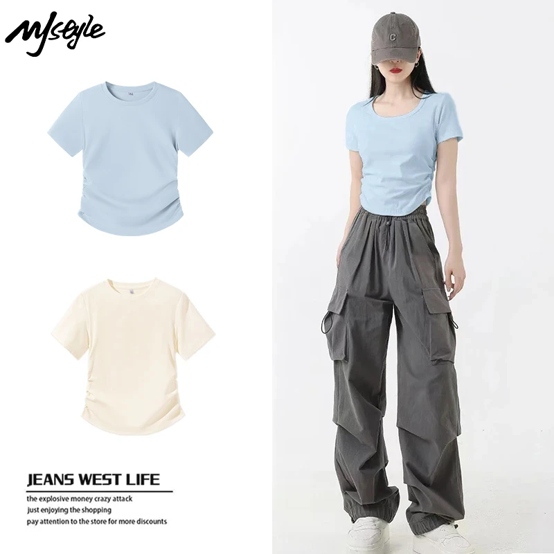 MJSTYLE小个子正肩短袖t恤女夏季褶皱收腰内搭上衣百搭老钱风女装