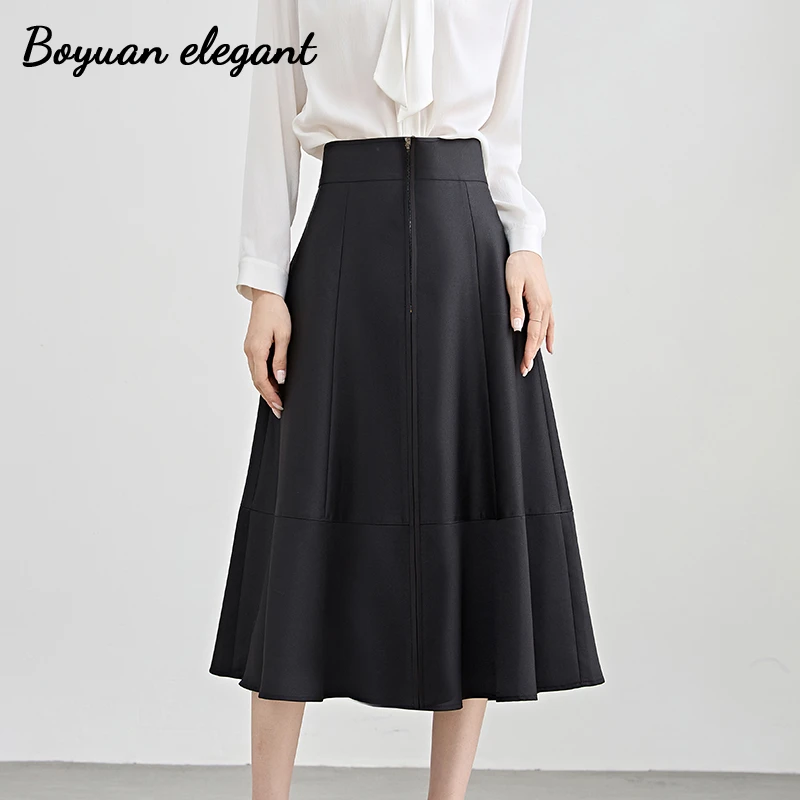 柏媛黑色法式复古赫本风半身长裙女前拉链高级感A字高腰大摆伞裙