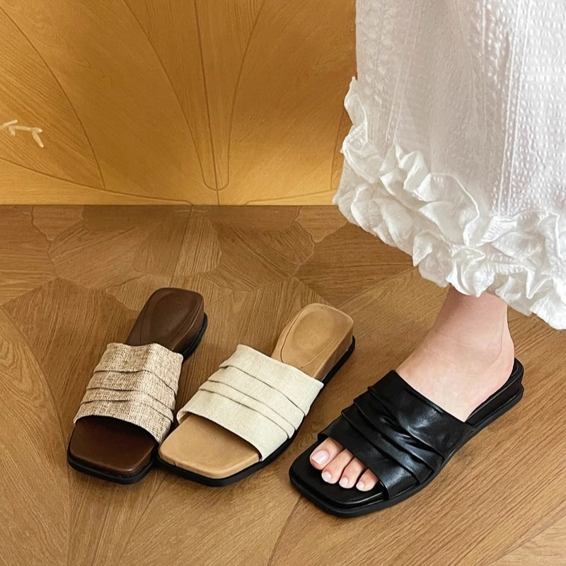 美猫汇真皮底坡跟厚底一字拖鞋亚麻凉拖鞋女夏沙滩鞋休闲女鞋外穿