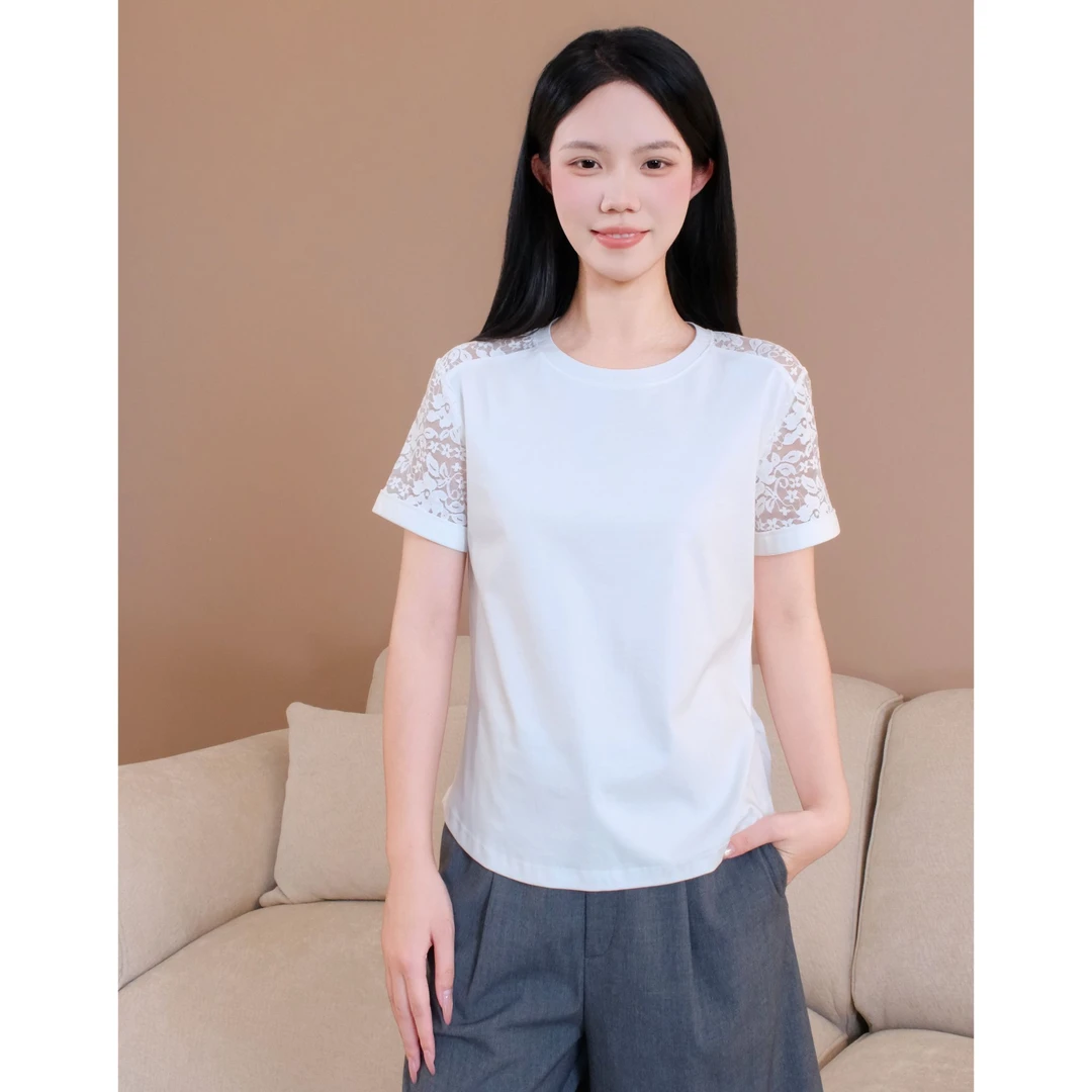 GIRDEAR/哥弟百搭显瘦气质法式蕾丝袖棉质薄款 圆领丁恤 1300946