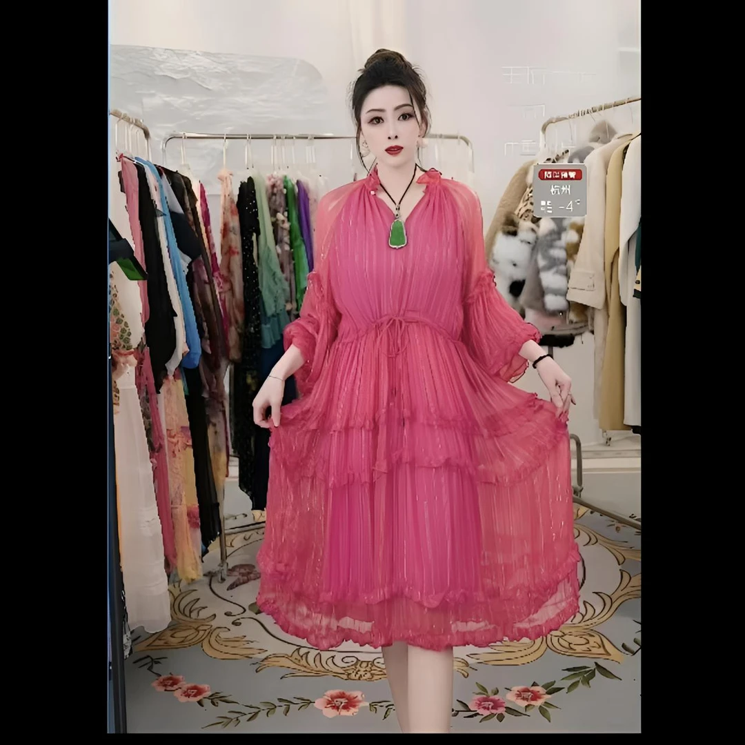 2025年真丝连衣裙高级感金丝线气质优雅宽松显瘦时尚沙滩裙长裙