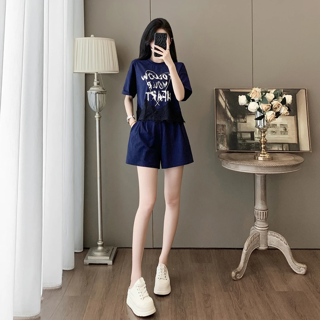 蕾丝拼接印花短袖短裤套装女夏季显瘦洋气减龄休闲时尚运动两件套