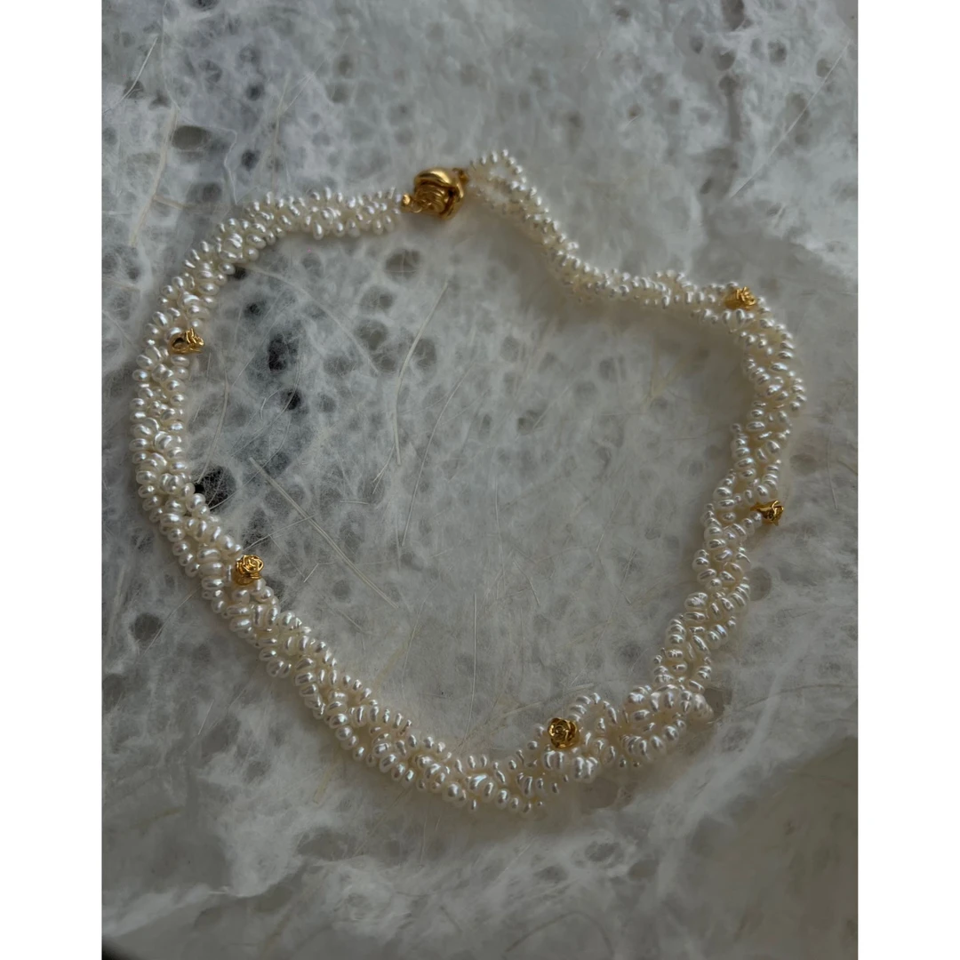 JUNMU天然淡水珍珠多层编织玫瑰花环项链法式复古轻奢颈链choker