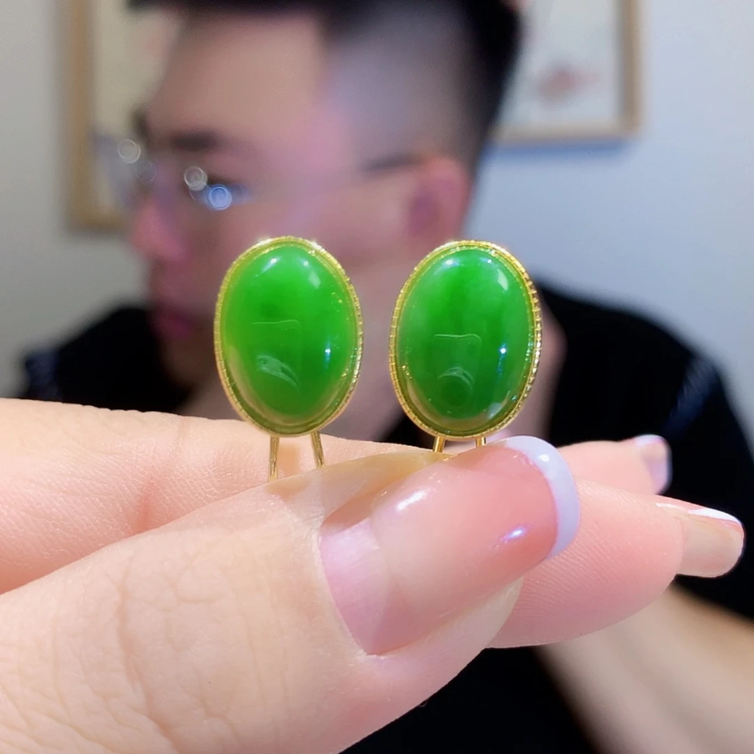 和田玉（碧玉）耳饰银S925镀金镶嵌