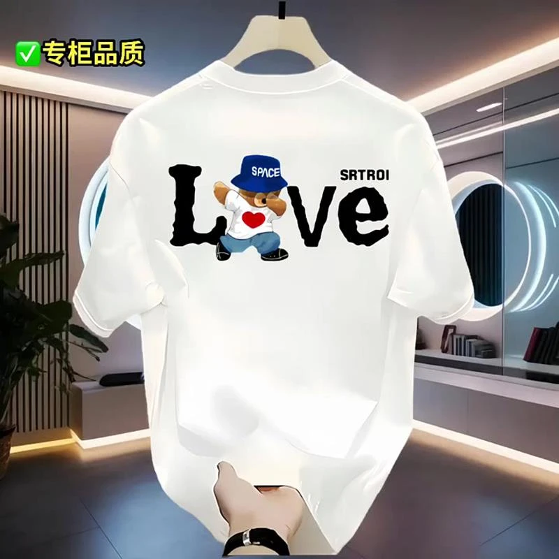 夏季纯棉情侣体恤创意love印花痞帅潮牌宽松半袖男高街卡通体恤衫