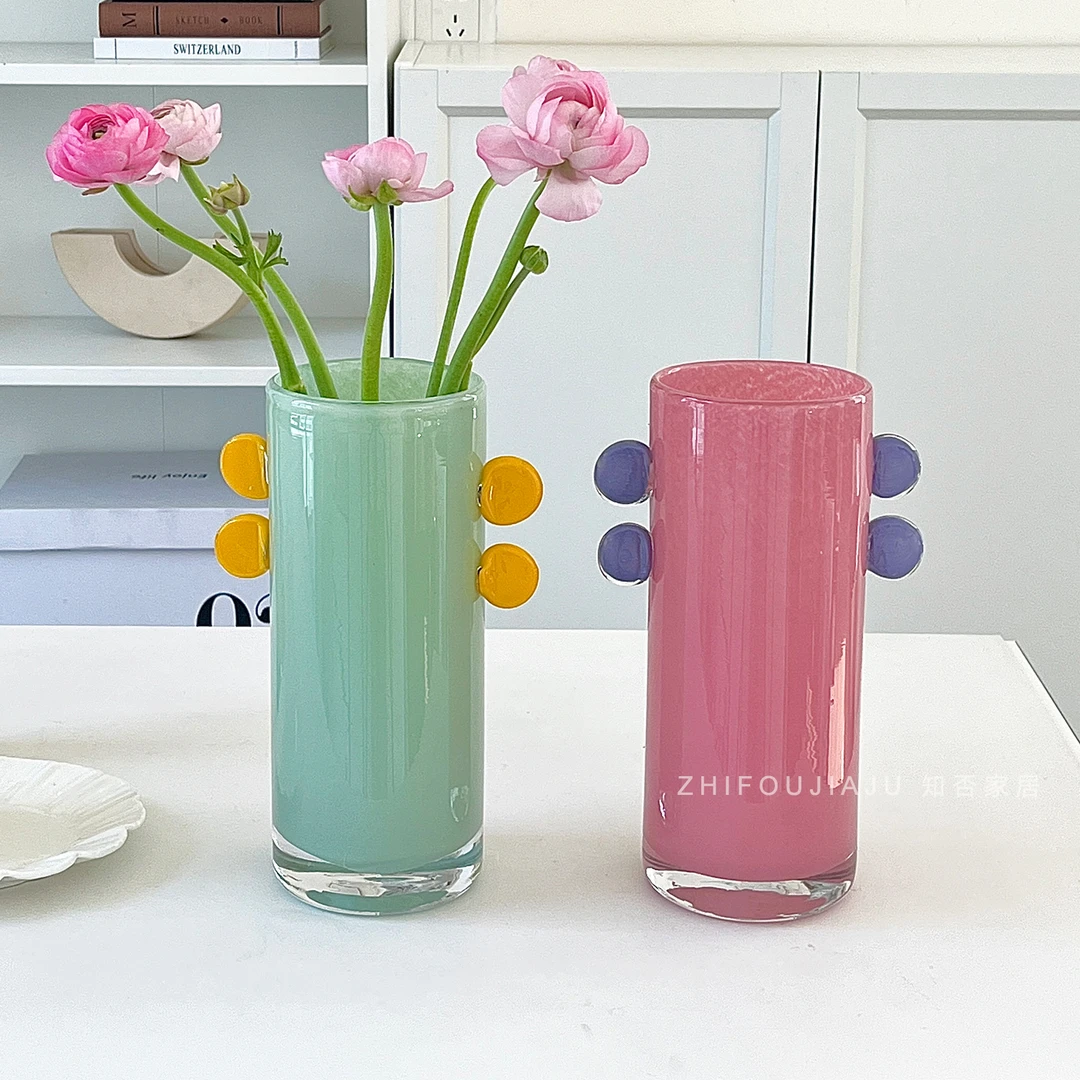 双耳糖果色花瓶玻璃摆件客厅插花轻奢装饰多巴胺琉璃花器设计感