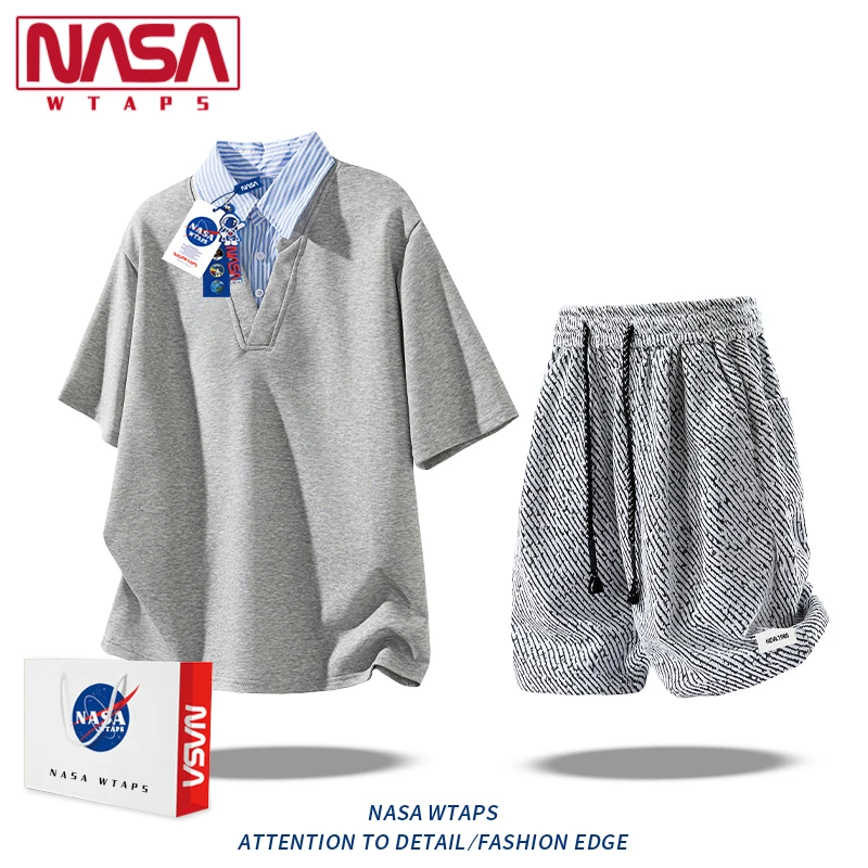 NASA WTAPS假两件短袖POLO衫套装男夏季冰丝宽松休闲t恤短裤两件