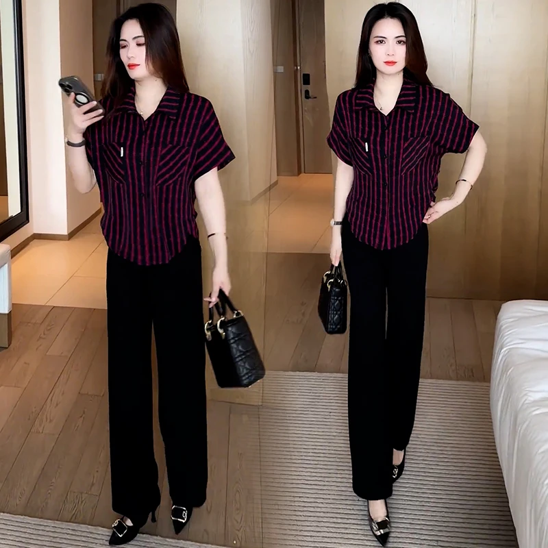 时尚短袖衬衫女2025夏季新款气质洋气减龄显瘦衬衣条纹短袖上衣