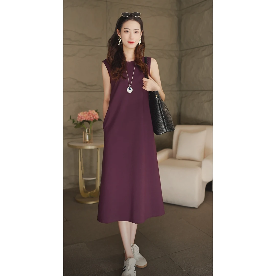 2025夏季新款无袖连衣裙女时尚显瘦极简风设计款高端T恤裙