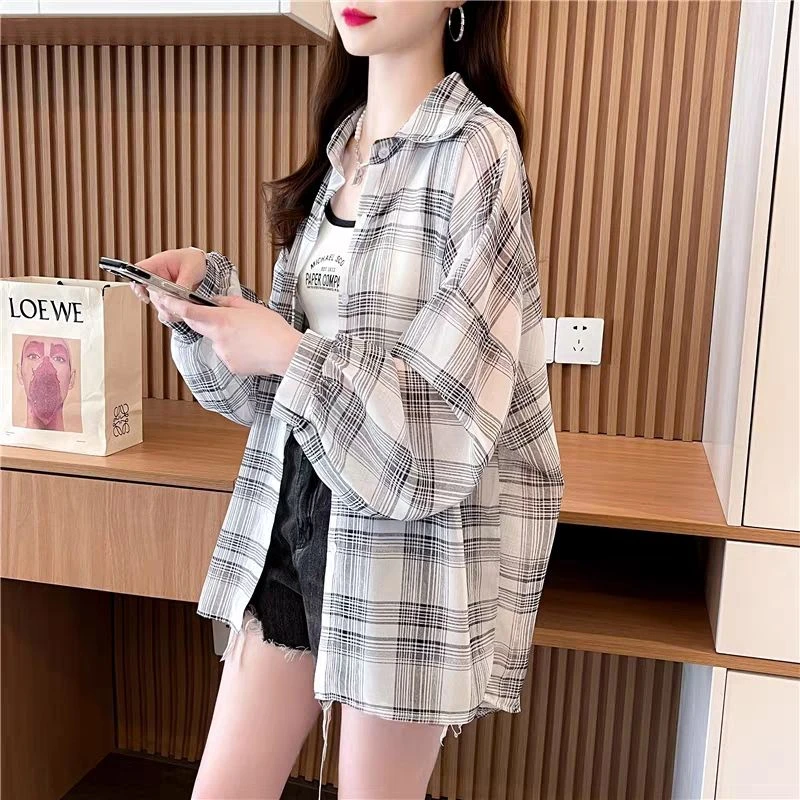 韩版时尚长袖雪纺格子衬衫外套女春季2025新款宽松显瘦洋气薄衬衣