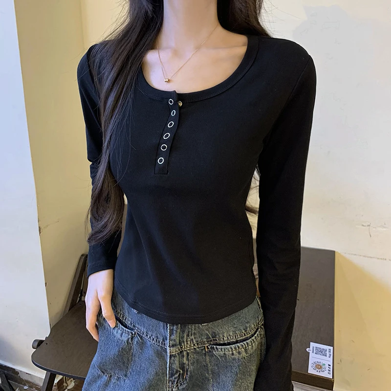 U领正肩t恤女2025年春季新款内搭螺纹别致高级感锁骨长袖上衣
