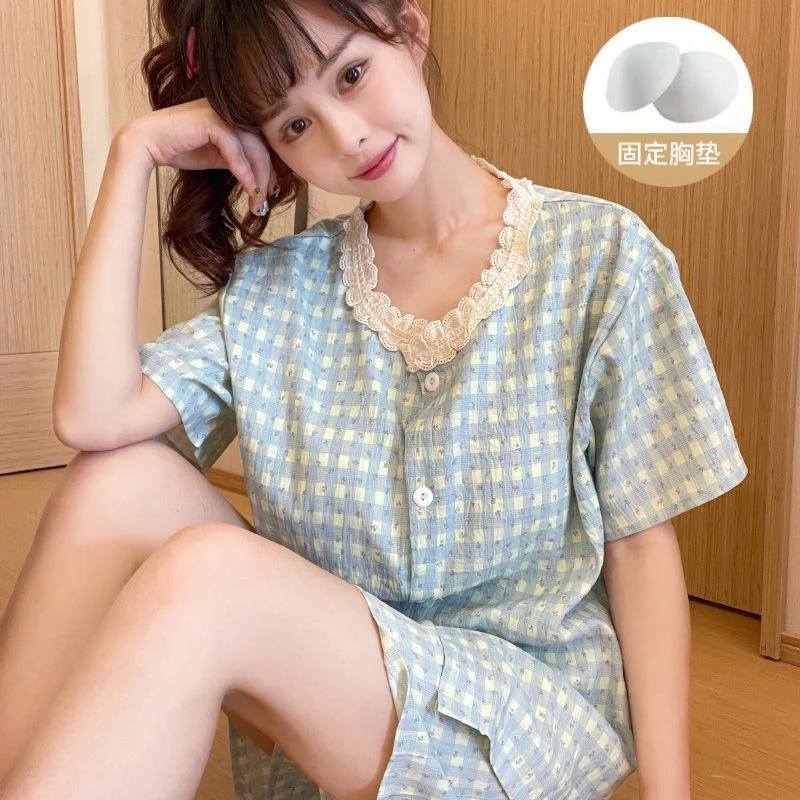 睡衣女春夏季少女甜美蕾丝花边圆领开衫短袖短裤家居服套装322