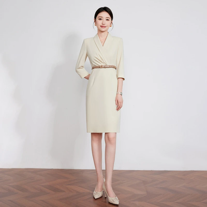 钟老板 杏色七分袖西装连衣裙女2025春夏新款气质通勤收腰西装裙