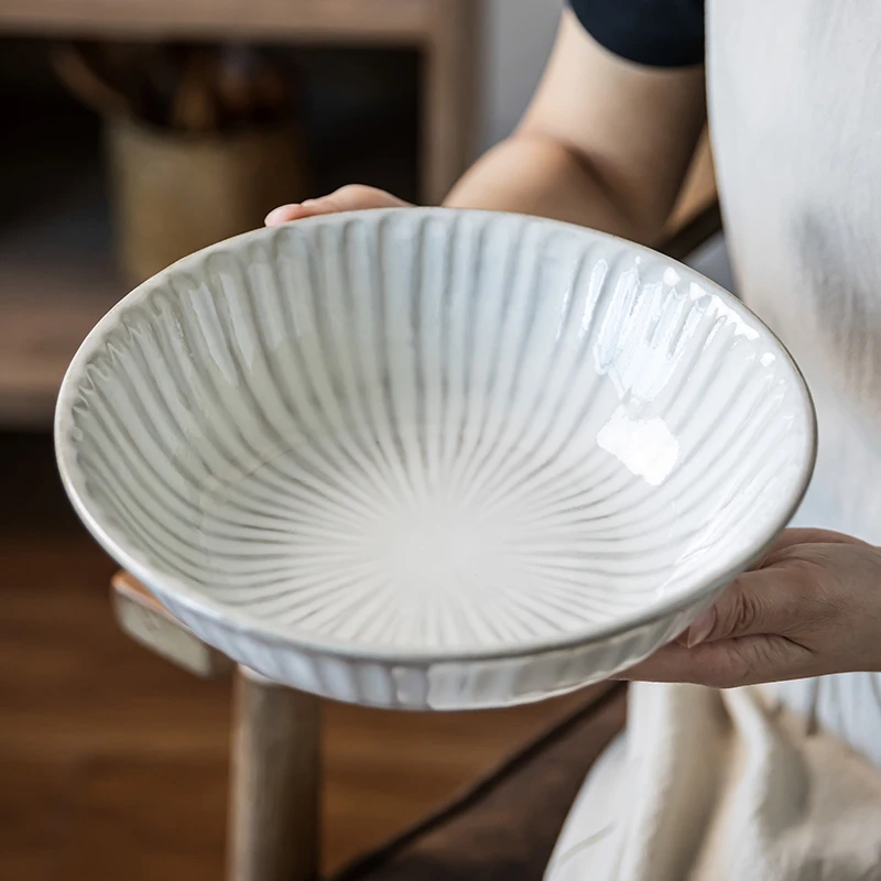 复古竖纹陶瓷大碗有设计感的家用餐具菜碗汤碗麻辣小龙虾碗大面碗