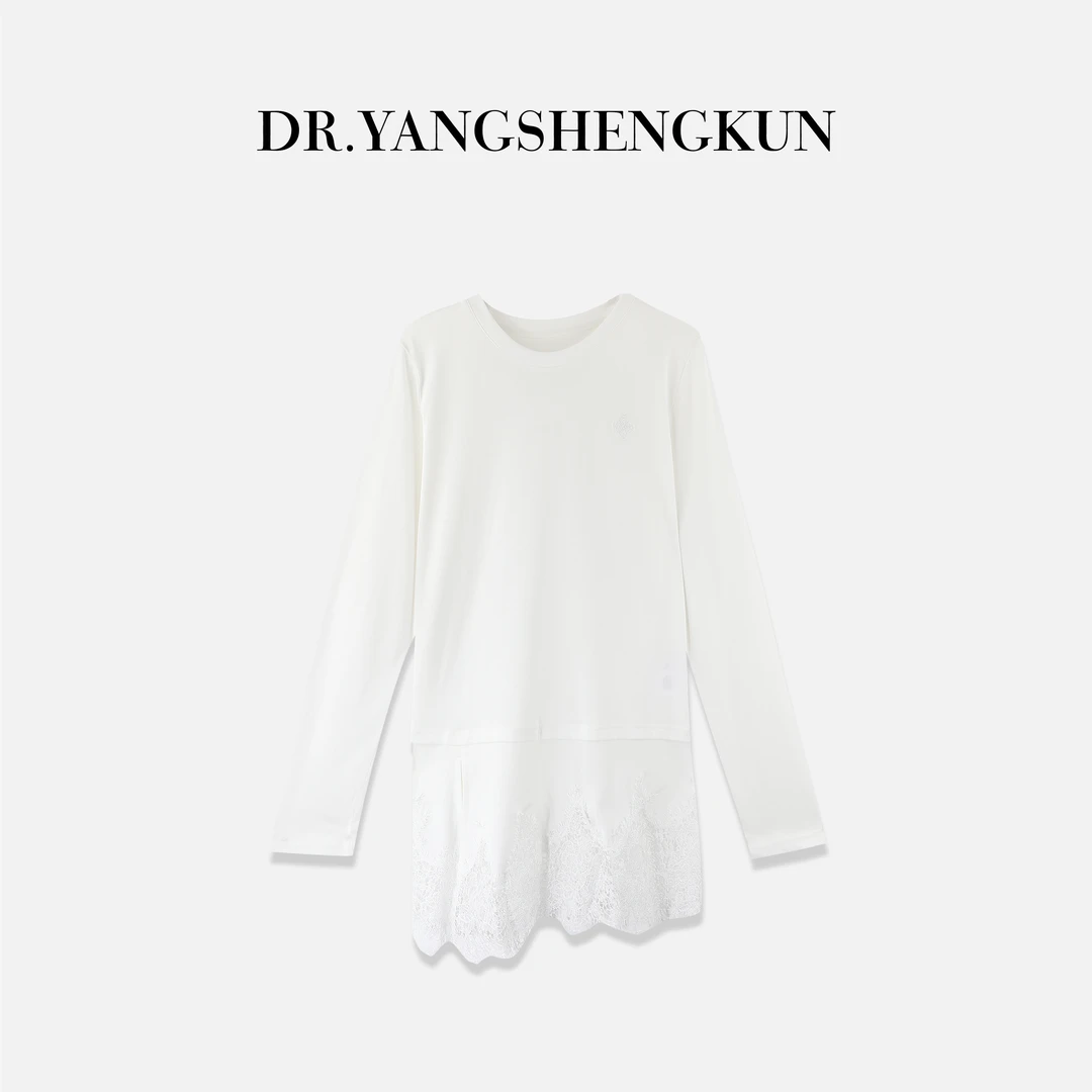 杨圣坤2025新品纯棉蕾丝拼接宽松百搭长袖T恤SQ2591127