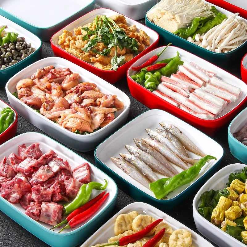 酒店饭店菜品展示柜浅盘特色自助摆盘明档展示盘加厚密胺盘长方形