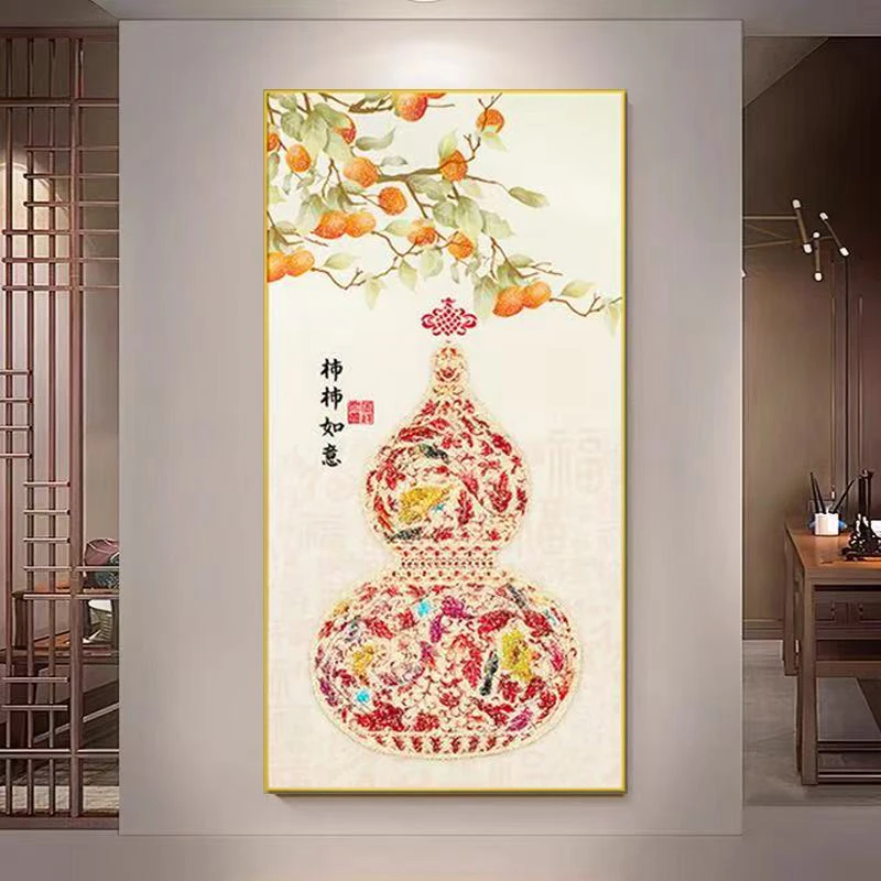 【Y起】晶瓷镶钻柿柿如意葫芦入户玄关装饰画新中式风背景画80160