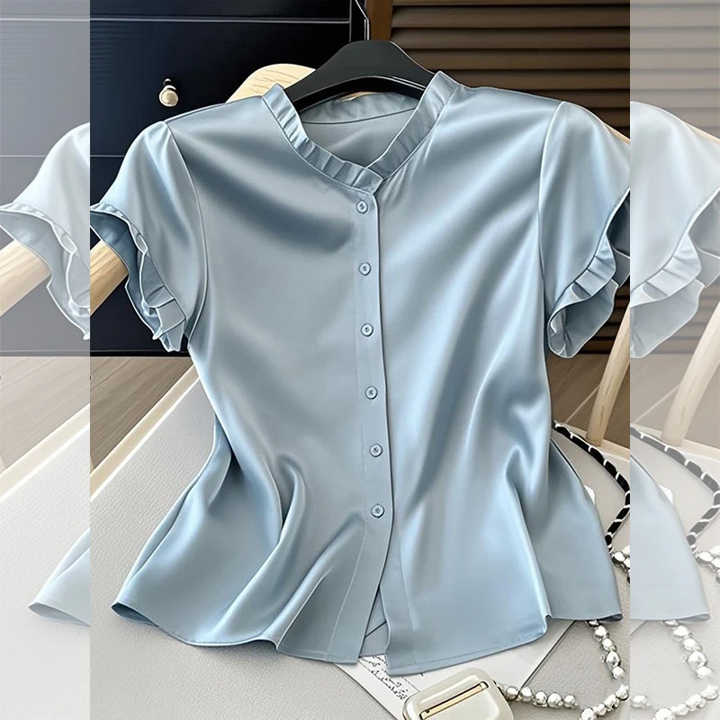 蓝色多巴胺衬衫女夏季新款百搭独特超好看短袖t恤今年流行上衣服