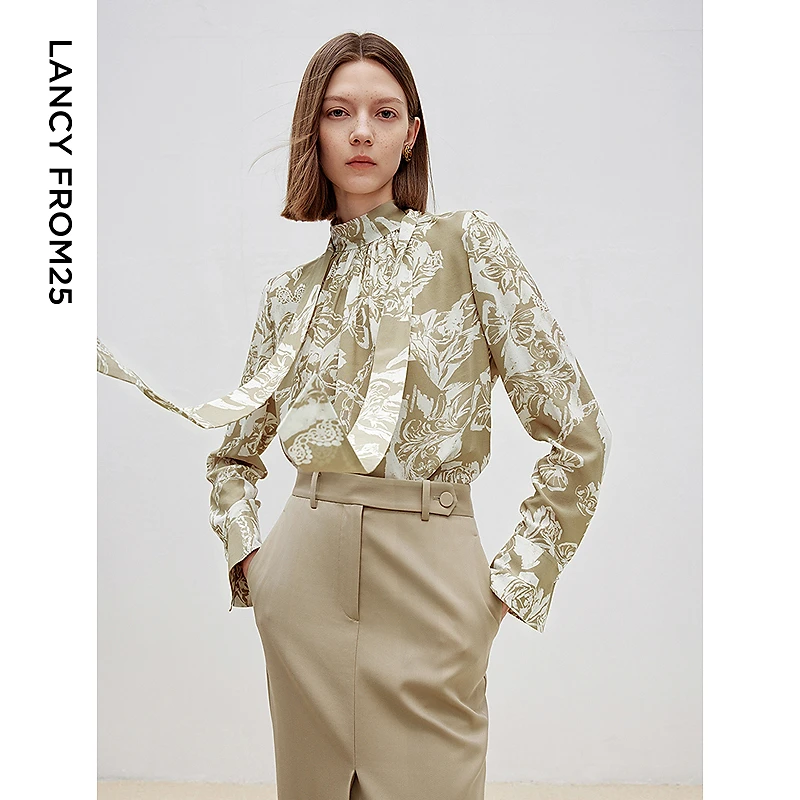 「欧若智性风」朗姿法式飘带立领复古高级感设计感长袖衬衫上衣女20