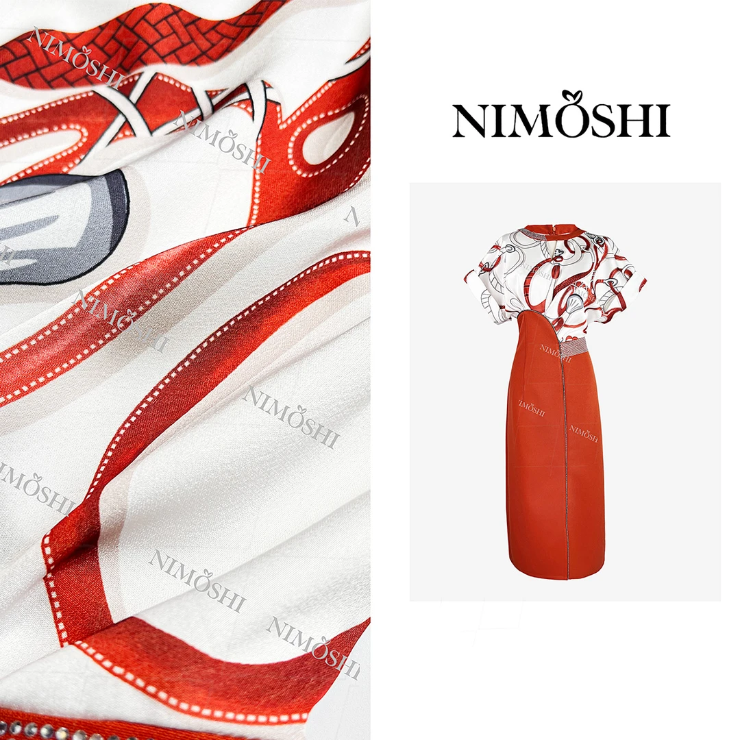 NIMOSHI【倩倩】夏季新款重工钉珠收腰印花设计气质显瘦连衣裙Q1728